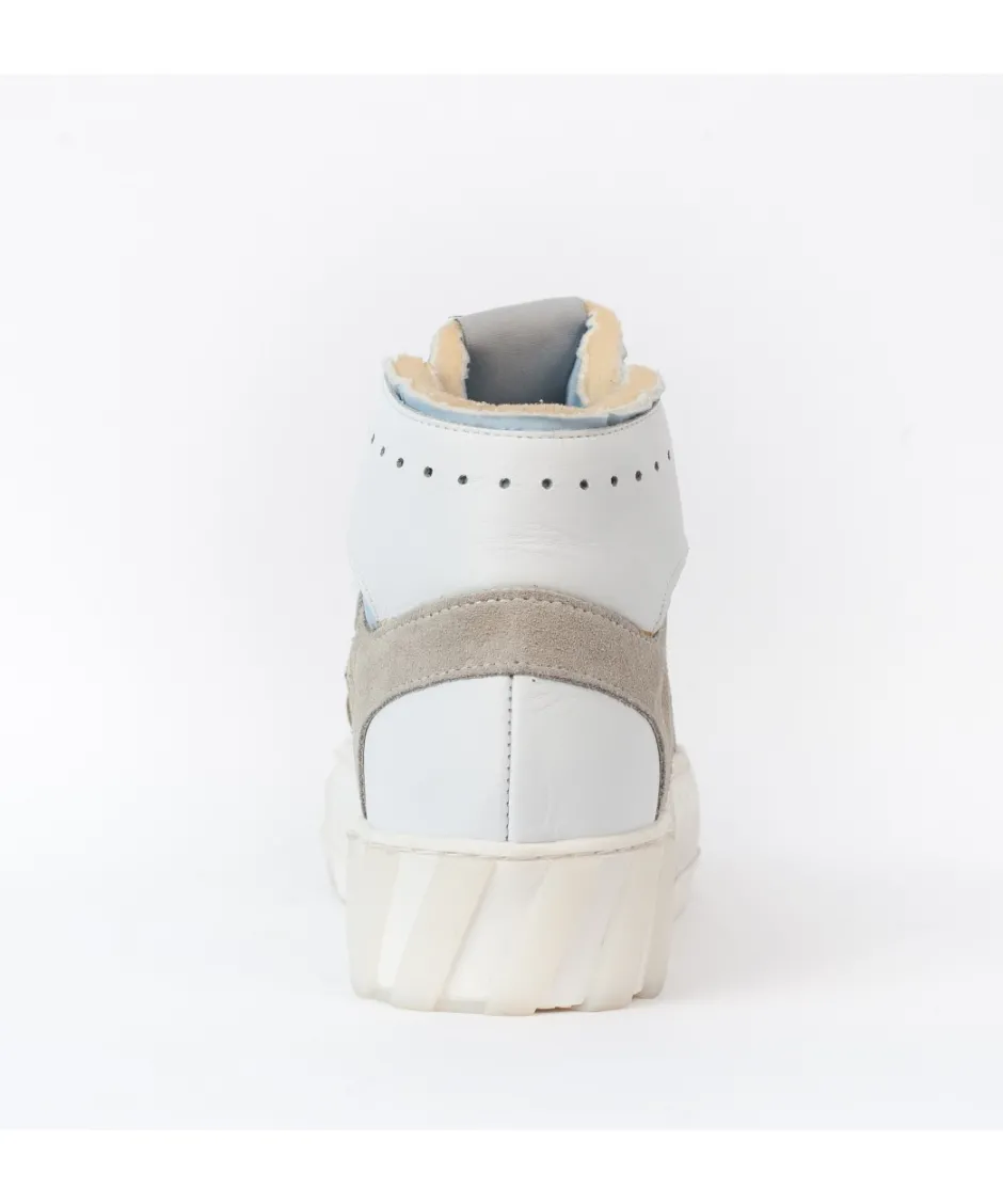 Osmose Shoes Baskets-Basket Montante Jad : Cuir Laminé Argenté, Blanc & Glitter Bleu à Semelle Large