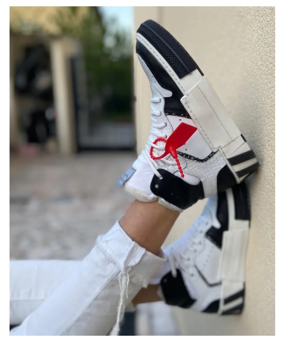 Osmose Shoes Baskets-Basket Montantes Kassim : Cuir Noir & Blanc imprimé croco et glitter à semelle large