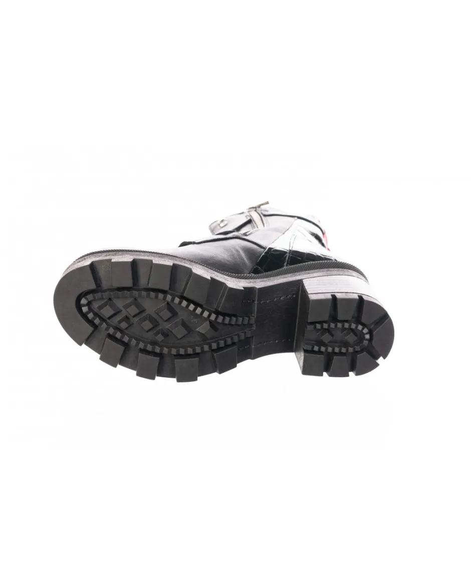 Osmose Shoes Bikers | Boots - Bottines-Bikers Pauline : Cuir & Croco Vernis Noir à Lacet Liseret Rouge