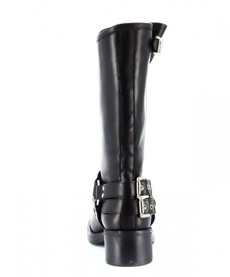 Osmose Shoes Bikers | Bottes-BOTTE MOTARDE L.A : CUIR NOIR À DOUBLE BOUCLE
