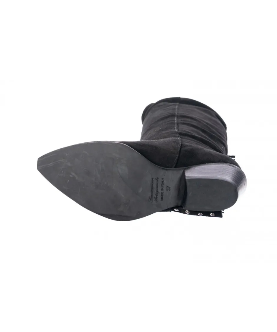 Osmose Shoes Tiags | Bottes-Botte Santiag Julienne : Daim Noir Frangée & Cloutée à Petit Talon Carré