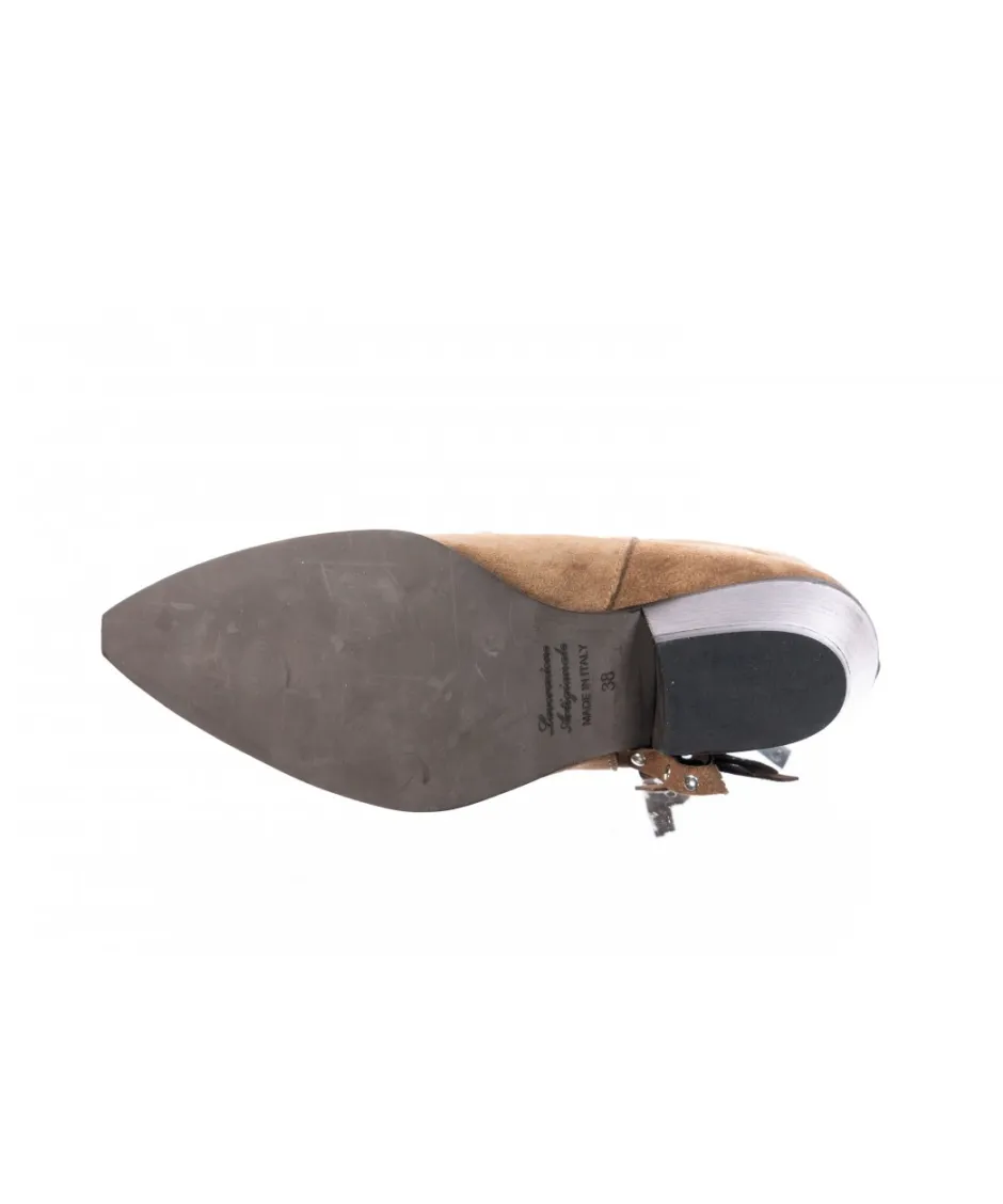 Osmose Shoes Tiags | Boots - Bottines-Bottine Santiag Julia : Daim Cuir Taupe à Franges & Talon Carré