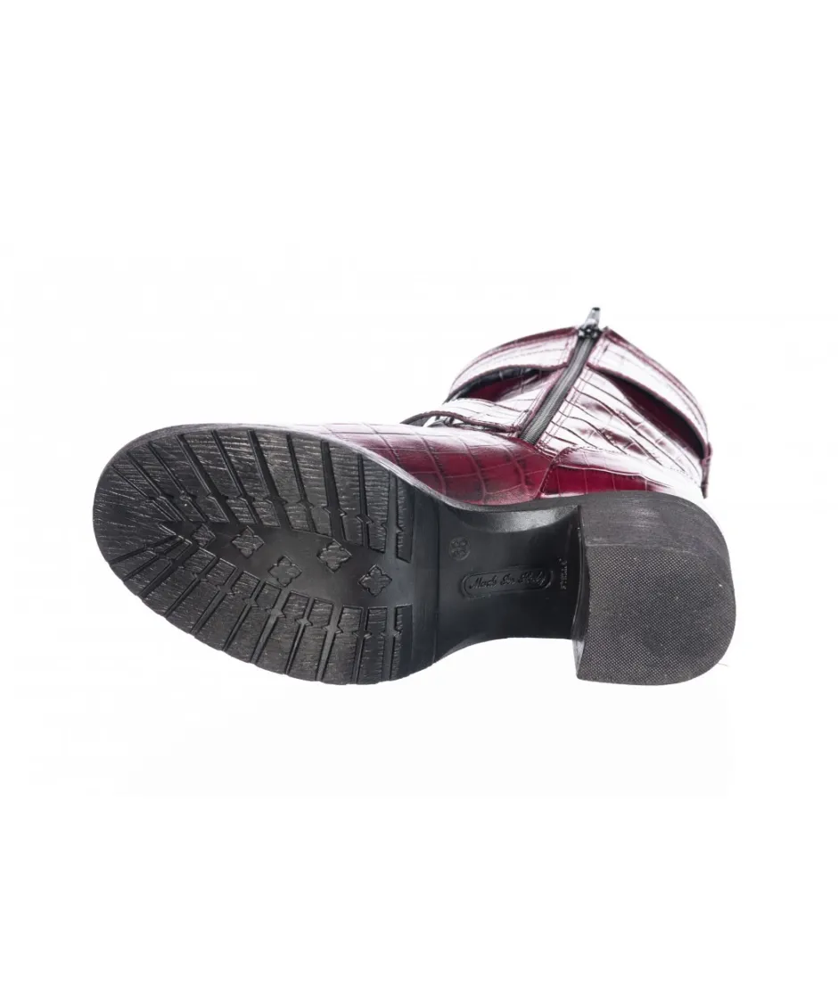 Osmose Shoes Bikers | Boots - Bottines-Bottine Sheila : Cuir Imprimé Croco Bordeau à double Brides & Talon Carré