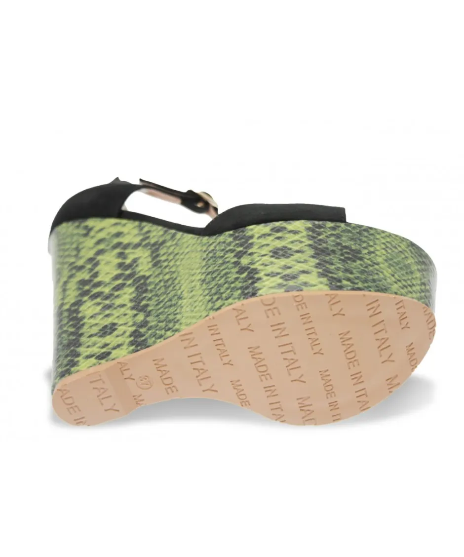 Osmose Shoes Compensées-Compensée Mila: Daim Noir & Talon Effet Python Vert