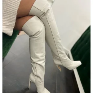 Osmose Shoes Bottes-CUISSARDE A TALON RAYA CUIR BLANC ECRU