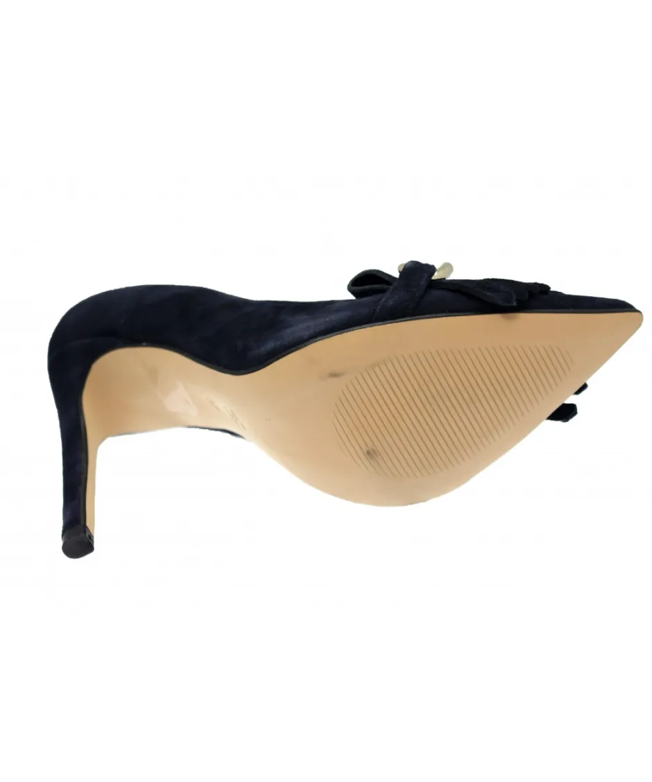 Osmose Shoes Escarpins-Escarpin Pauline: Daim Bleu Marine Chaine Argent & Frange à Talon